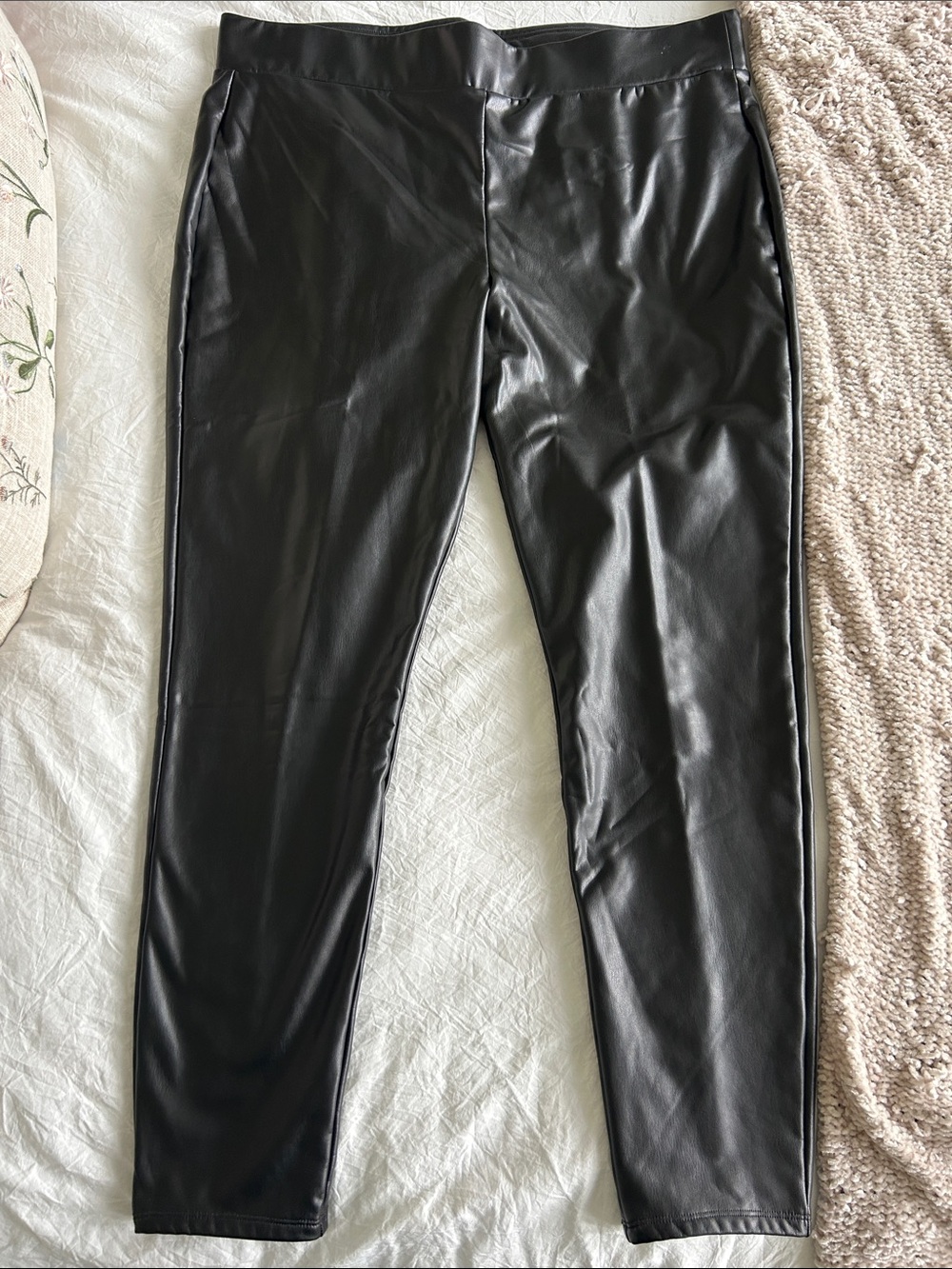 LOFT Black Faux Leather Leggings with Stitch Detail